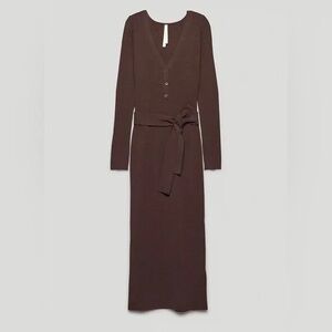 Babaton Chocolate Long Sleeve V-Neck Dress